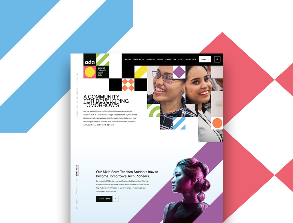 Multicoloured graphic mockup showing ADA. homepage