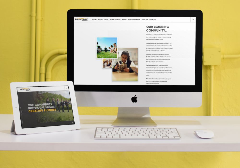 Larkmead School mockups on tablet and iMac with bright yellow background