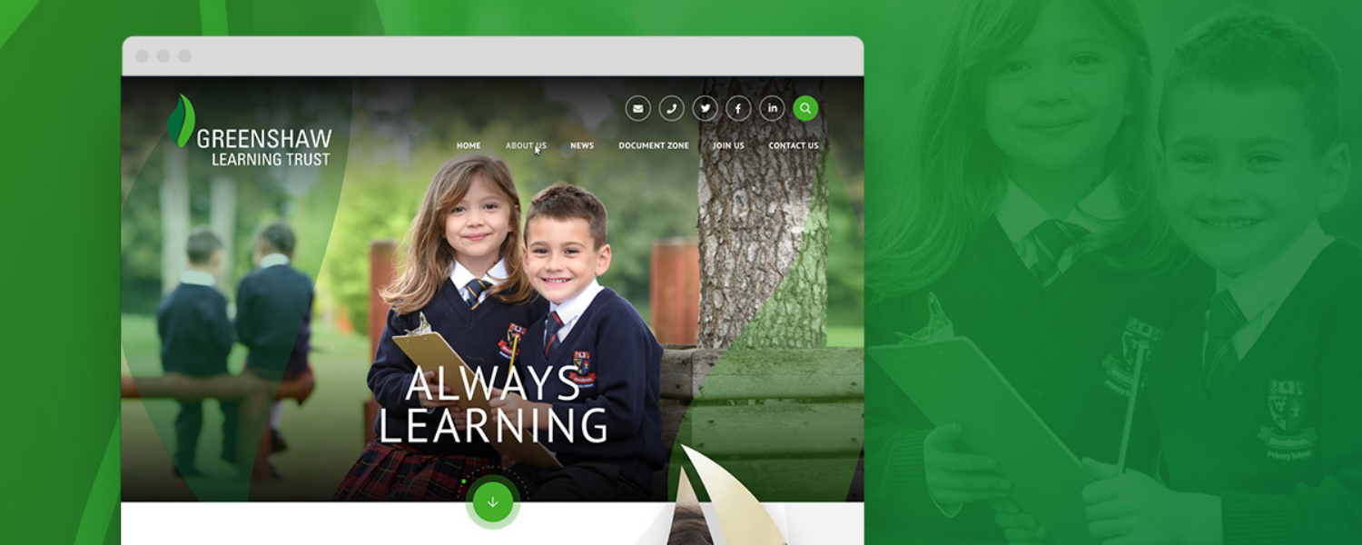 Greenshaw website on mockup with watermark photo in the background with green overlay